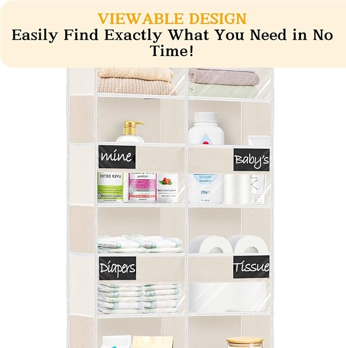 Over the Door Organizer, 5-Tier Extra Large Storage with 10 Pockets and PVC Label Pouches, 80 lbs Capacity Hanging Closet Org