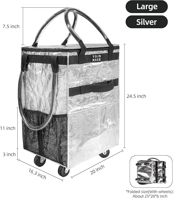 Reusable Grocery Bag On Wheels (Large, Silver) Shopping Trolley with 8 Pockets and Zipper Cover Foldable Rolling Tote, Heavy Duty Handles, Carries Up to 66 LBS