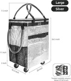 Reusable Grocery Bag On Wheels (Large, Silver) Shopping Trolley with 8 Pockets and Zipper Cover Foldable Rolling Tote, Heavy Duty Handles, Carries Up to 66 LBS