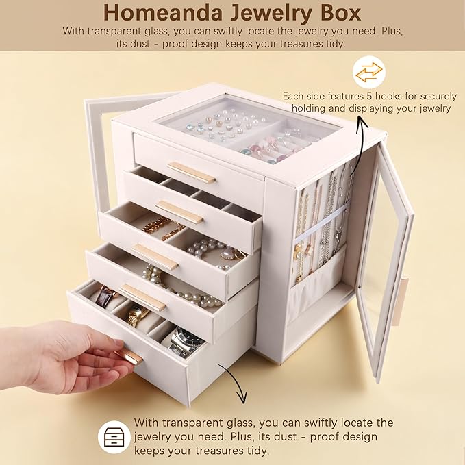 Homeanda Jewelry Box for Women with Glass Lid, 5 Drawers Jewelry Organizer and Storage for Necklaces, Rings, Earrings, Bracel