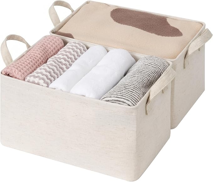 StorageWorks Storage Bins, Shelves Baskets for Organizing, Fabric Closet Organizers with Handles, Metal Frame, Beige-Cotton-l