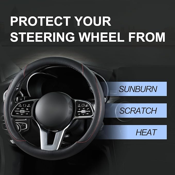 Car Steering Wheel Cover, Microfiber Leather Steering Wheel Cover Universal Fit 14.5-15 inch Anti-Slip Comfortable Breathable