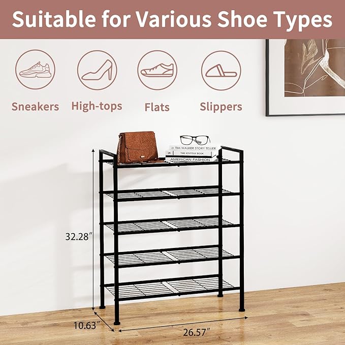 5-Tier Shoe Rack, Metal Storage Shelves for Closet Entryway, Tall Narrow Unit for Small Spaces, Multi-Purpose Organizer for B