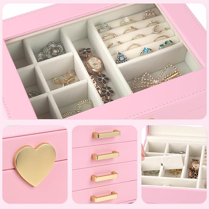 Kendal Jewelry Box, 5-Layer Jewelry Organizer Box with Glass Lid, Pink, Heart Shaped PU Leather, Storage Box for Necklace Ear