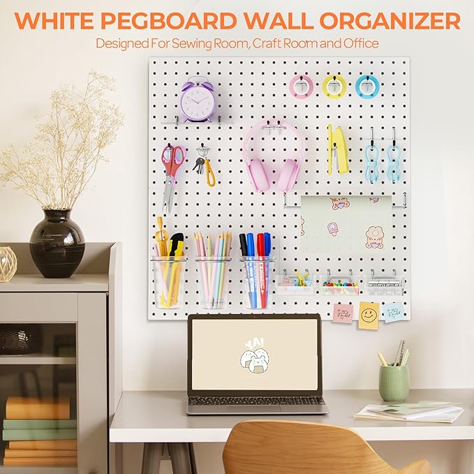 INCLY 70PCS Metal Peg Board Kit with 1/4" Pegboard Accessories, 4 Pack White Pegboard Panels, Bins, Cups and Peg Board Hooks,