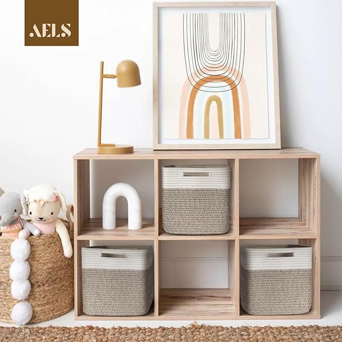 AELS Hand Woven Cotton Baskets for Storage, Cube Storage Bins with Handles, Foldable Collapsible Closet Organizers and Storag
