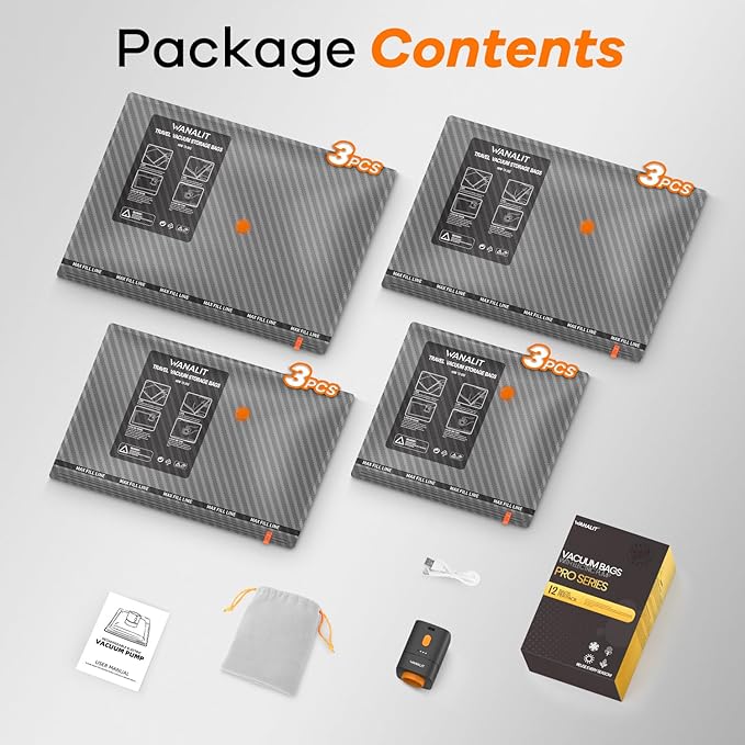 Travel Vacuum Storage Bags with Wireless Rechargeable Electric Pump, 12 Pack Travel Essentials Vacuum Seal Bags for Clothing,