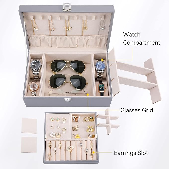 LANDICI Jewelry Box Organizer for Men Women, 2 Layer 4 Slot Watch Storage Case with Removable Tray, PU Leather Large Jeweller