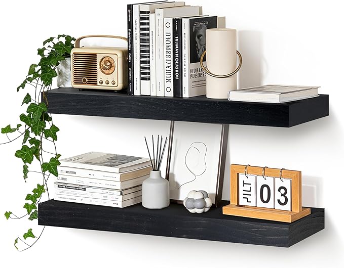 Floating Wall Shelves 24x6.8x1.7 Inch – Solid Wood Rustic Shelves in Black Finish – Wall Mounted Display Shelf for Bathroom, 