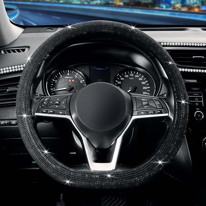 SEG Direct Diamond Flat Bottom Steering Wheel Cover, D Shaped Car Wheel Cover 14 1/2-15 in. (37-39 cm), Bling Sparkly Rhinest