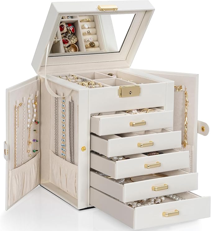 TORIBIO Large Jewelry Box for Women, Leather Jewelry Organizer with Mirror & Lock, 6-Tier Jewelry Storage Case for Girls/Wome