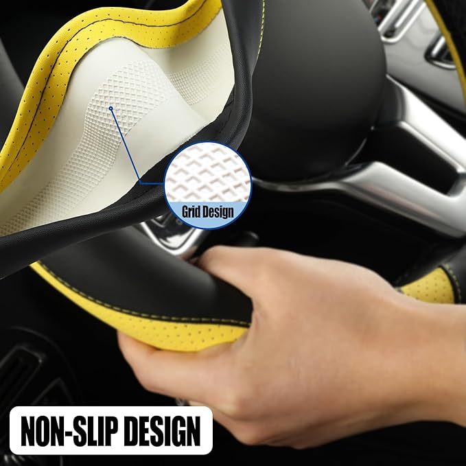 Microfiber Leather Steering Wheel Cover, Breathable, Anti Slip, 13.5 inch to 14 inch, Black with Yellow