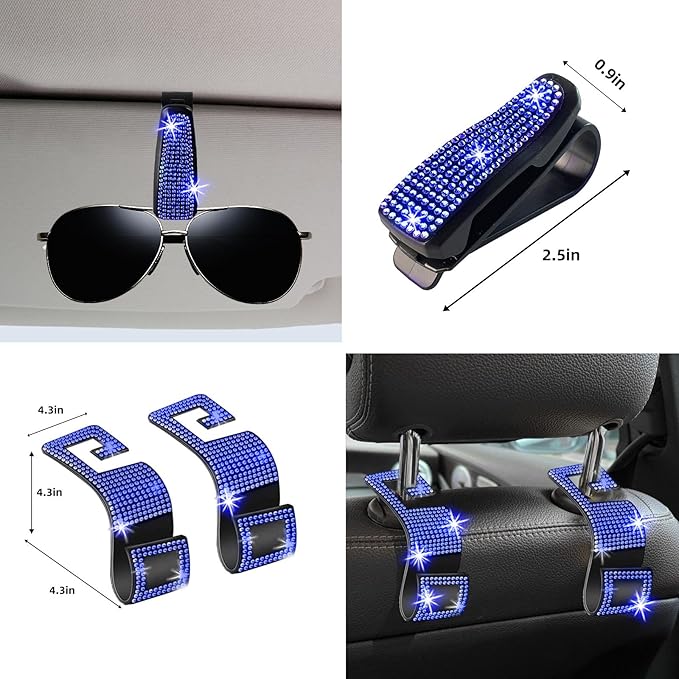 NBTEPEM 27 PCs Blue Bling Car Accessories Set for Women, Steering Wheel Covers Universal Fit 15 Inch, Bling License Plate Frame, Bling Phone Holder, Bling Car Coasters (Blue Diamond)