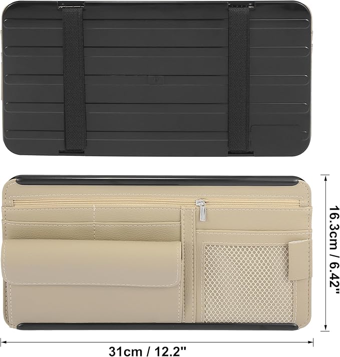 X AUTOHAUX Beige Universal Car Sun Visor Organizer Sunglasses Case Storage Pocket Hook and Loop Tape ABS PU Leather for SUV RV Truck