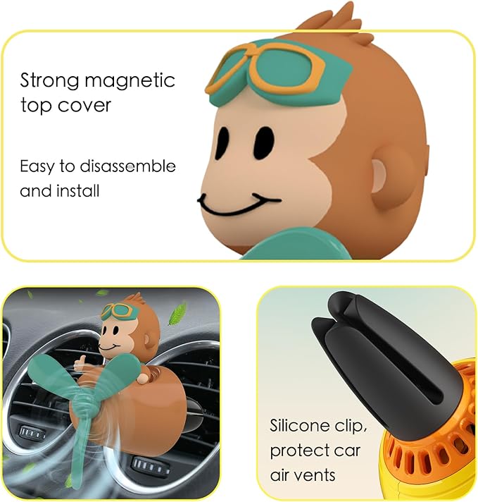 Pilot Monkey Cute Car Diffuser - Rotating Propeller Cartoon Automotive Air Outlet Fan Creative Car Perfume Decoration - Autom