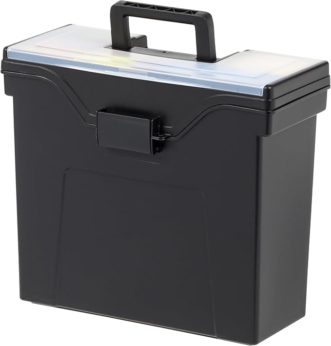 IRIS USA Portable File Box With Handle, Slim w/Organizer Lid, Plastic File Organizer Box for Letter Files, Hanging Filing Fol
