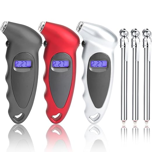 Frienda 3 Pcs Digital Tire Pressure Gauge Backlight LCD Car Pencil Air Pressure Gauge Heavy Duty Chrome Metal Head Stainless Steel Body Measurement Tool for Cars Motorcycles Trucks Bikes Tires