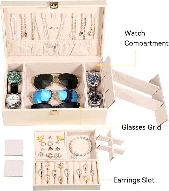 LANDICI Jewelry Box Organizer for Men Women, 2 Layer 4 Slot Watch Storage Case with Removable Tray, PU Leather Large Jeweller