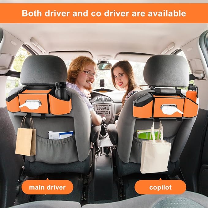 7-In-1 Car Seat Back Organizer with Cup Holders, Tissue Box, Garbage Can&Hooks, Multifunctional Headrest Storage Organizer, Headrest Cup Holder for Backseat, Car Accessories for Trips, Travels(Orange)