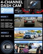 4 Channel Dash Cam Front and Rear Inside Left Right Car Dash Camera 360 View, 2.5K QHD Car Camera Supper Night Vision, 5G WiF