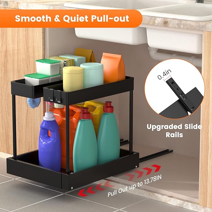 Expandable Under Sink Organizers and Storage,Width Adjustable (14.9-23.6IN),No Drill 2-Tier Pull Out Under Cabinet Organizer 
