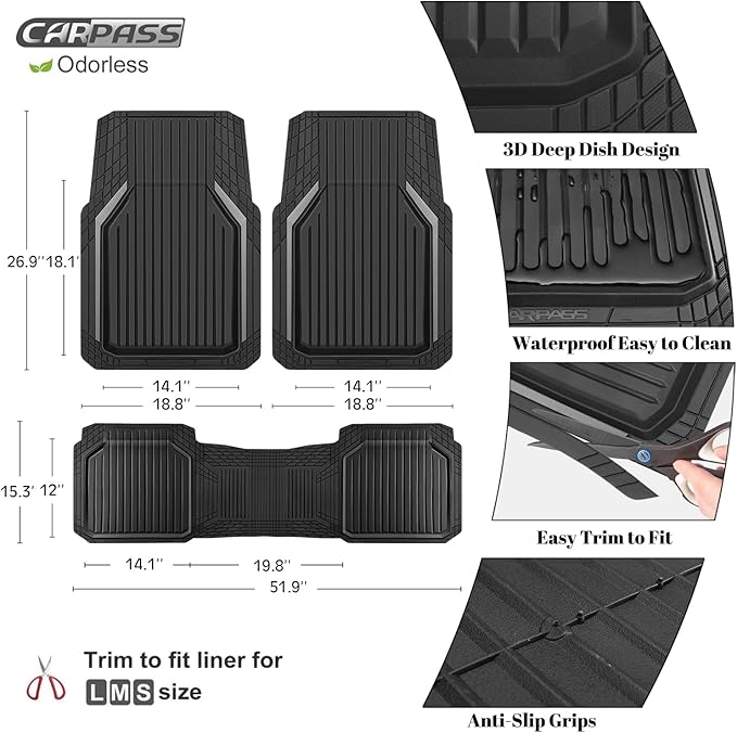 CAR PASS Heavy Duty Rubber Floor Mats for Car, Waterproof Liner Deep Dish Car Mats Full Sets, Universal Trim to Fit for SUV Truck Sedans Vans, All Weather Automotive Floor Mats 3pcs, Black and Gray