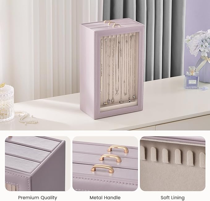Lolalet Necklace Organizer Box, Jewelry Storage Box with Clear Window for Necklaces Bracelets, Tangle-Free Necklace Display C