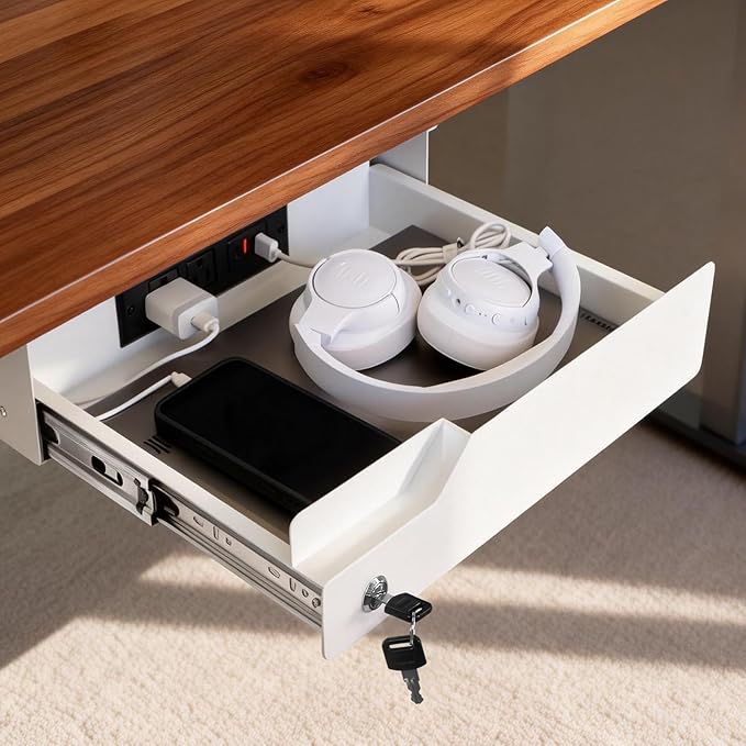 Under Desk Drawer Storage with Lock, Metal Undermount Table Drawer, Ball Bearing Slides Out Tray Organizer for Paper, Pencil,