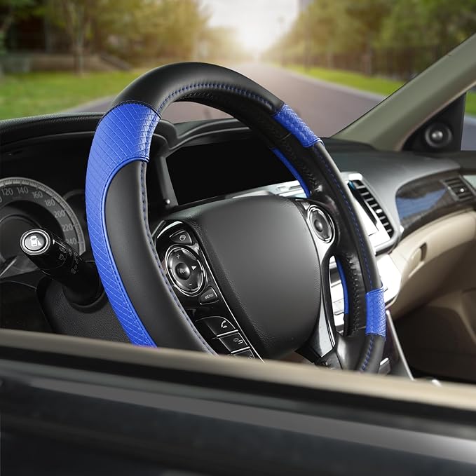 GIANT PANDA Microfiber Leather Steering Wheel Cover for Honda Accord,Civic,CR-V,HR-V,Pilot(Diamond-Pattern-Black+Blue-Standar