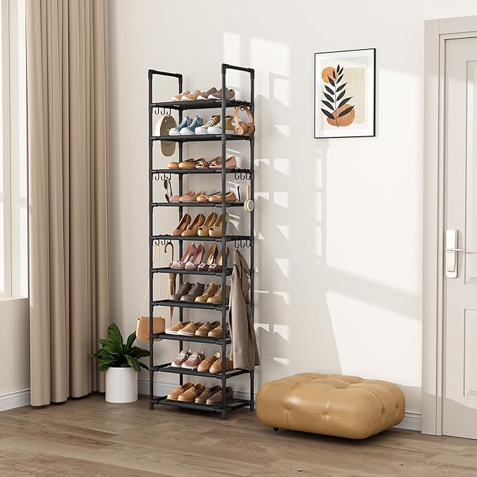 VTRIN 10 Tiers Tall Shoe Rack Holds 20-25 Pairs of Shoes Sturdy Vertical Shoe Organizer with 18pcs Hooks Stackable Narrow Sho