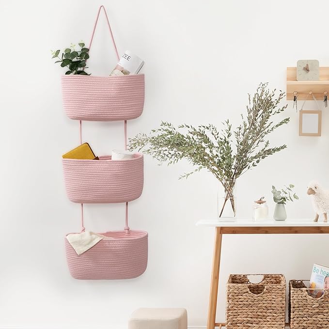 TeoKJ Over the Door Hanging Basket, 3-Tier Woven Cotton Wall-Mounted Storage Organizer Bag Decorative Hanging Nursery Baskets