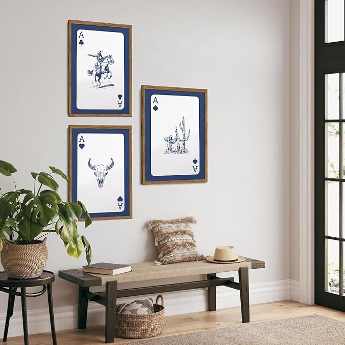 Western Wall Art Set of 3, Blue Cowboy Wall Decor Trendy Southwestern Playing Card Longhorn Bull Skull Poster Canvas Aestheti