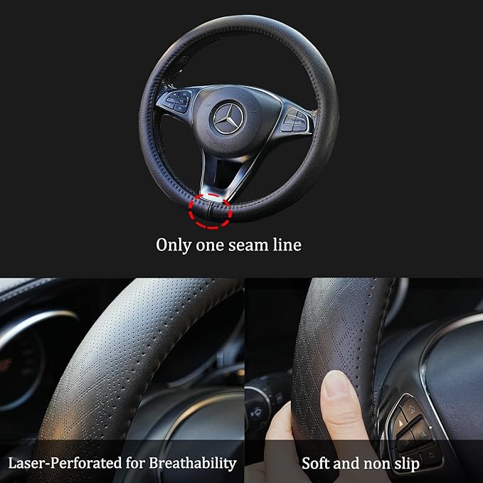 Black Genuine Leather Car Steering Wheel Cover Men Women,Cowhide Wheel Cover,Soft,Breathable,Anti-Slip,Luxury Steering Wheel 