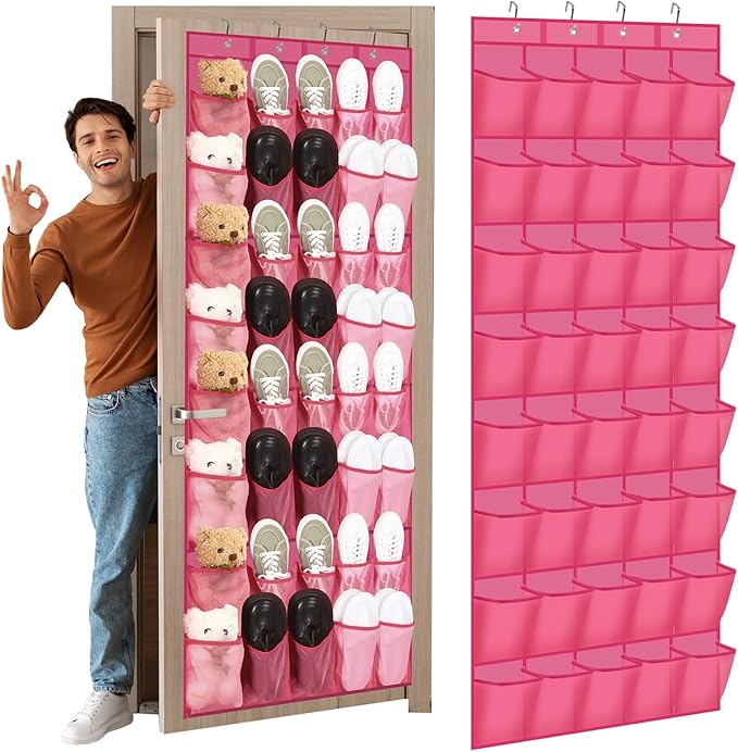 Windyun 40 Over the Door Shoe Organizer Large Mesh Pocket Hanging Shoe Rack for Closet Rose Red Nonslip Behind Door Storage H