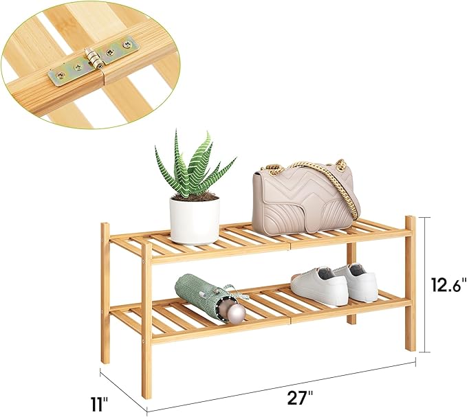 BMOSU 2-Tier Bamboo Shoe Rack Premium Stackable Shoe Shelf Storage Organizer for Hallway Closet Living Room Entryway Organize