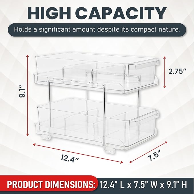 Masirs 2-Tier Clear Pull-Out Drawer Organizer - Sleek, Compact & Sturdy Makeup and Closet Organizer - Easy Assembly Kitchen S