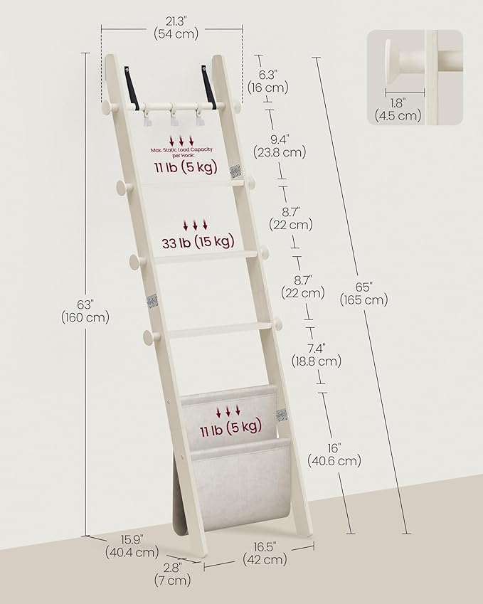 VASAGLE Blanket Ladder for Living Room, 5-Tier Wooden Ladder Shelf, Decorative Farmhouse Blanket Rack with Synthetic Leather 