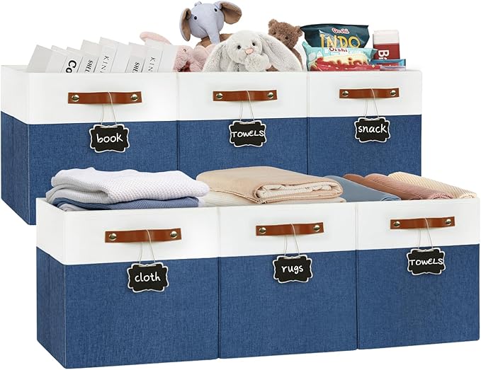 13x13 Storage Cubes 6-Pack, Large Foldable Fabric Cube Storage Bin with Reinforced Bottom and Labels, Organizer Baskets for S