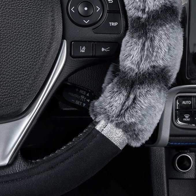 BDK Bear Fur Plush Steering Wheel Cover - Cute Faux Wool Protector for Women Girls Fits Wheels 14.5-15 inch Two Tone Black/Gr