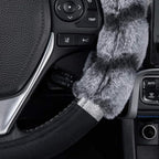 BDK Bear Fur Plush Steering Wheel Cover - Cute Faux Wool Protector for Women Girls Fits Wheels 14.5-15 inch Two Tone Black/Gr