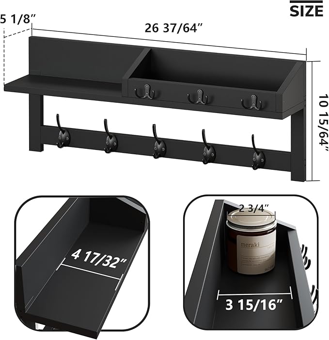 AMBIRD Wall Hooks with Shelf, 26.57 Inch Entryway Wood Coat Hooks for Wall, Coat Rack Wall Mount Rack with 5 Dual Hooks 3 Key