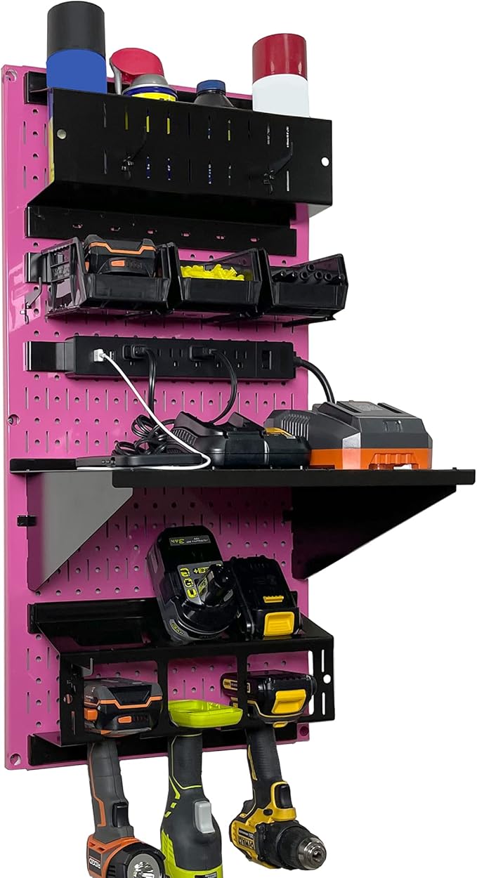 Wall Control Power Tool Storage Organizer Kit Cordless Drill Holder Charging Station Rack 16” x 32” Metal Pegboard Organizati