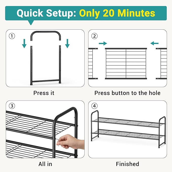 AOODA Long 2 Tier Shoe Rack for Closet Metal Wide Stackable Shoe Storage Organizer for Entryway, Bedroom, Floor, 18-Pairs Low