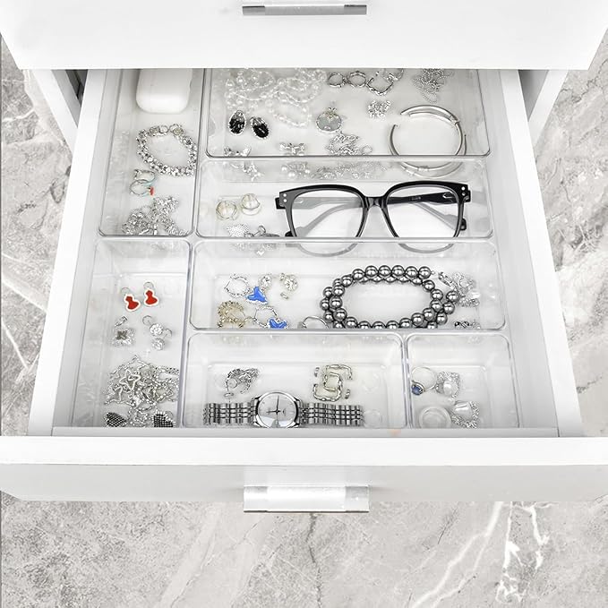 Manalete Drawer Organizers Set of 65, 4 Sizes Clear Plastic Drawer Organizers and Storage Bins for Kitchen, Bathroom, Office,