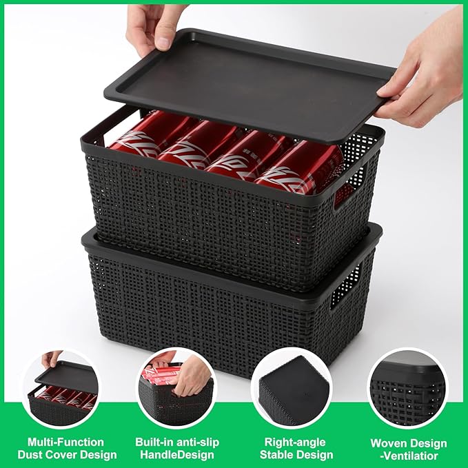 6 Pack Plastic Storage Baskets With Lids,Black Breathable Stackable Storage Bins,Small Storage Containers,for Organizing Stor