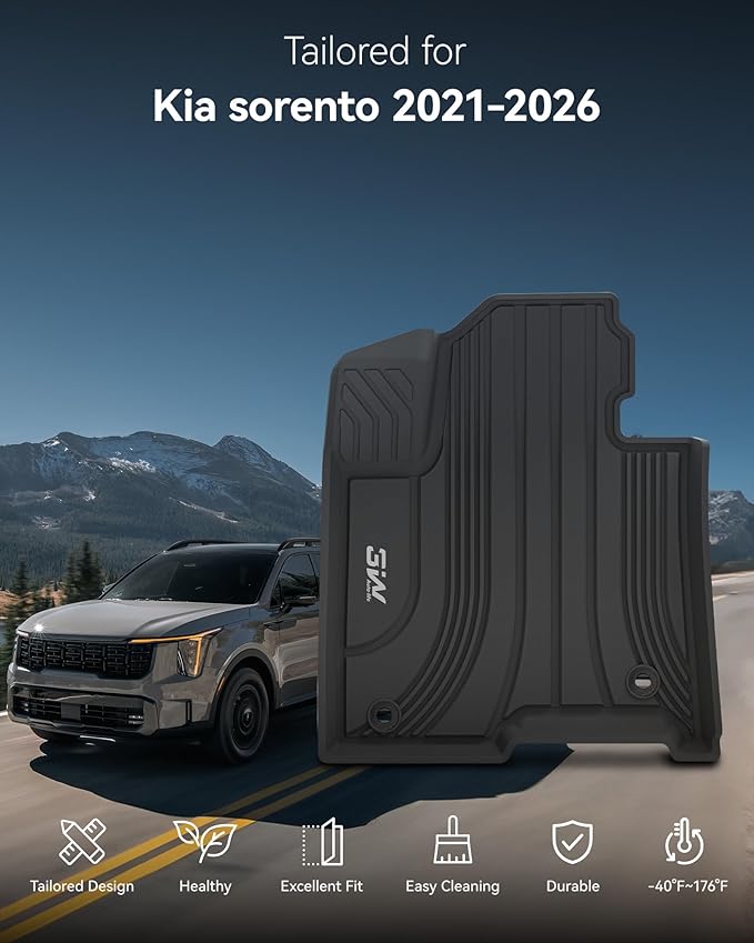 3W Floor Mats for Kia Sorento Hybrid 2026 2025 2024 2023 2022 2021 (Only PHEV&Hybrid) All Weather Protection TPE Anti-Slip Automotive Full Set Floor Liners Custom Accessories - Black
