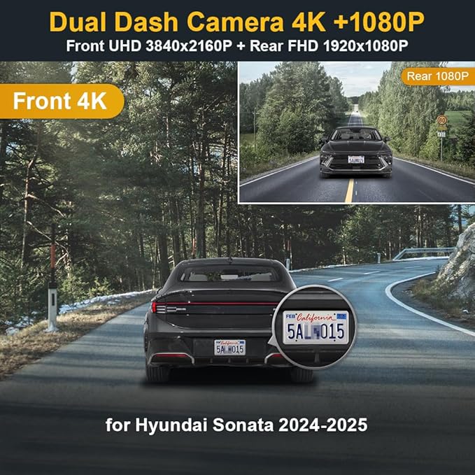 Fitcamx Front 4K+Rear 1080P Dash Cam Adapts for Hyundai Sonata 2024 2025 & Hybrid (Part No#L1600), OEM Factory Style, Dual HD