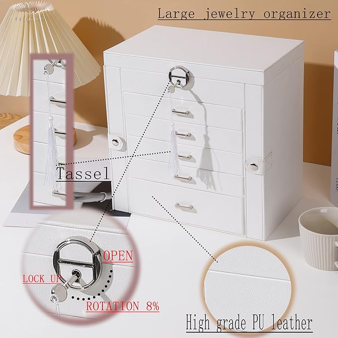 BOOVO Jewelry Box For women, 6 Layer Large Jewelry Organizer With Mirror, Multi-Function Storage Box With Lock, Accessory Hol
