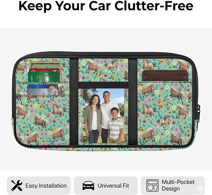 Horse Car Sun Visor Organizer with Velcro Straps Scratch-Resistant Sun Visor Storage Pouch with Zipper, Auto Interior Accessories for Car, SUV, Truck – Keep Your Vehicle Tidy