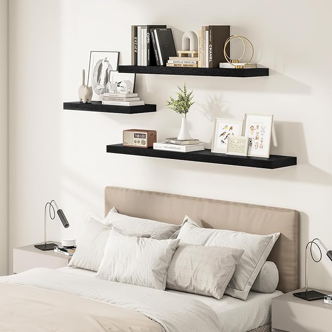 Black Floating Shelves for Wall 24 Inches Long, 12" Deep Wall Shelves 2" Thick, Heavy Duty Shelf for Bedroom, Bathroom, Livin